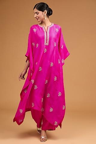 hot pink dupion silk zardosi boota embroidered kaftan set