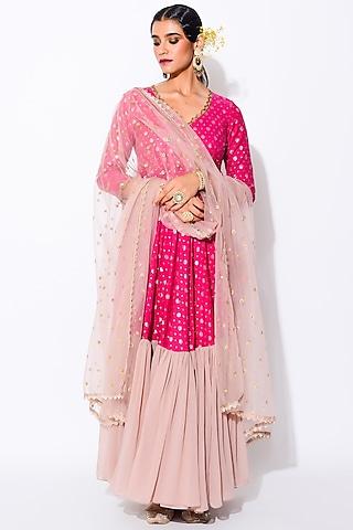 hot pink embroidered angrakha anarkali set