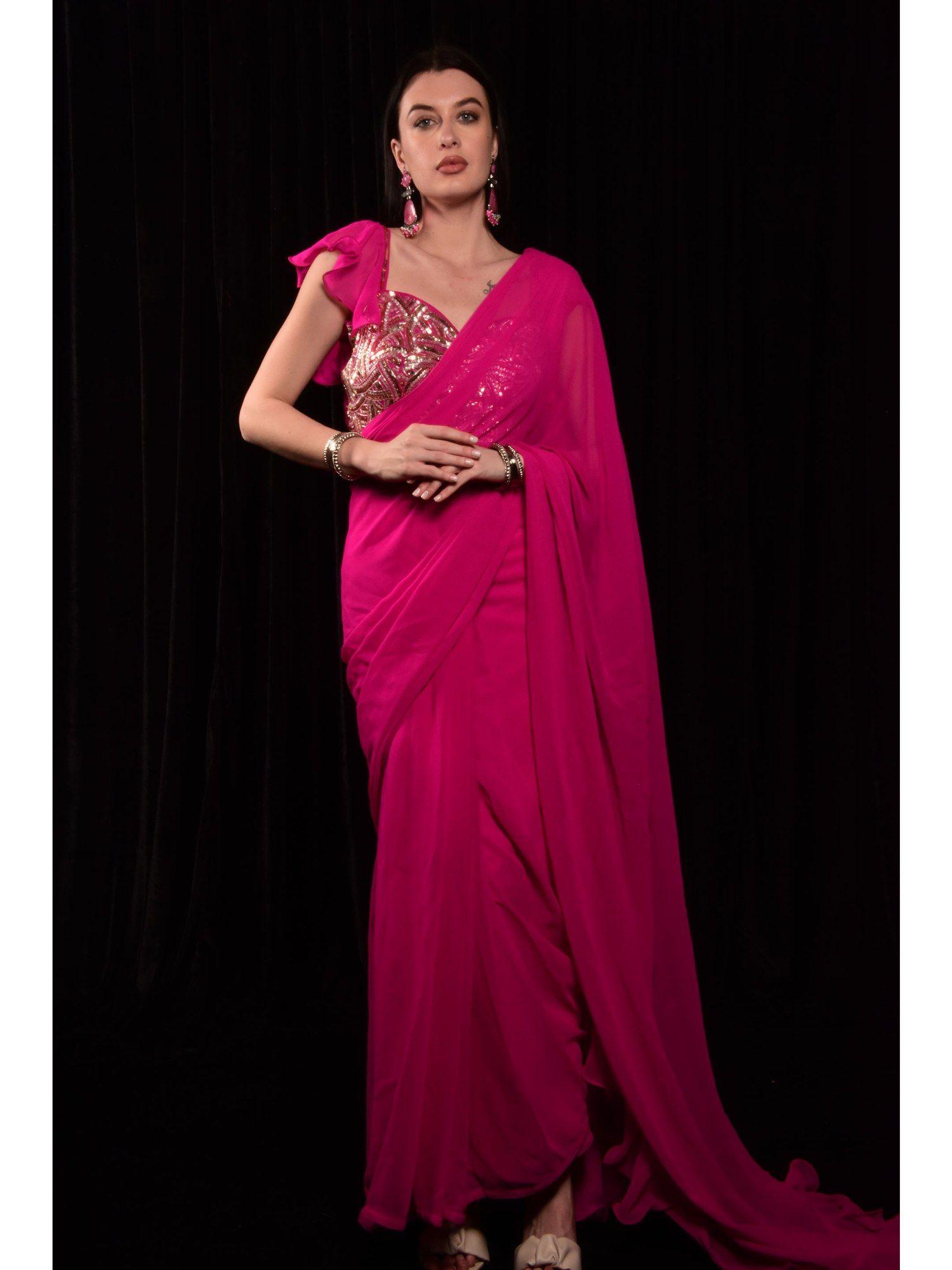 hot pink embroidered crepe saree with stitched blouse
