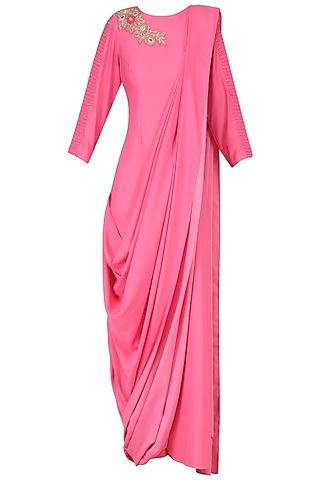 hot pink embroidered drape gown