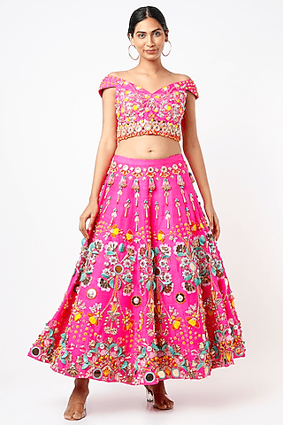 hot pink embroidered half-lehenga set