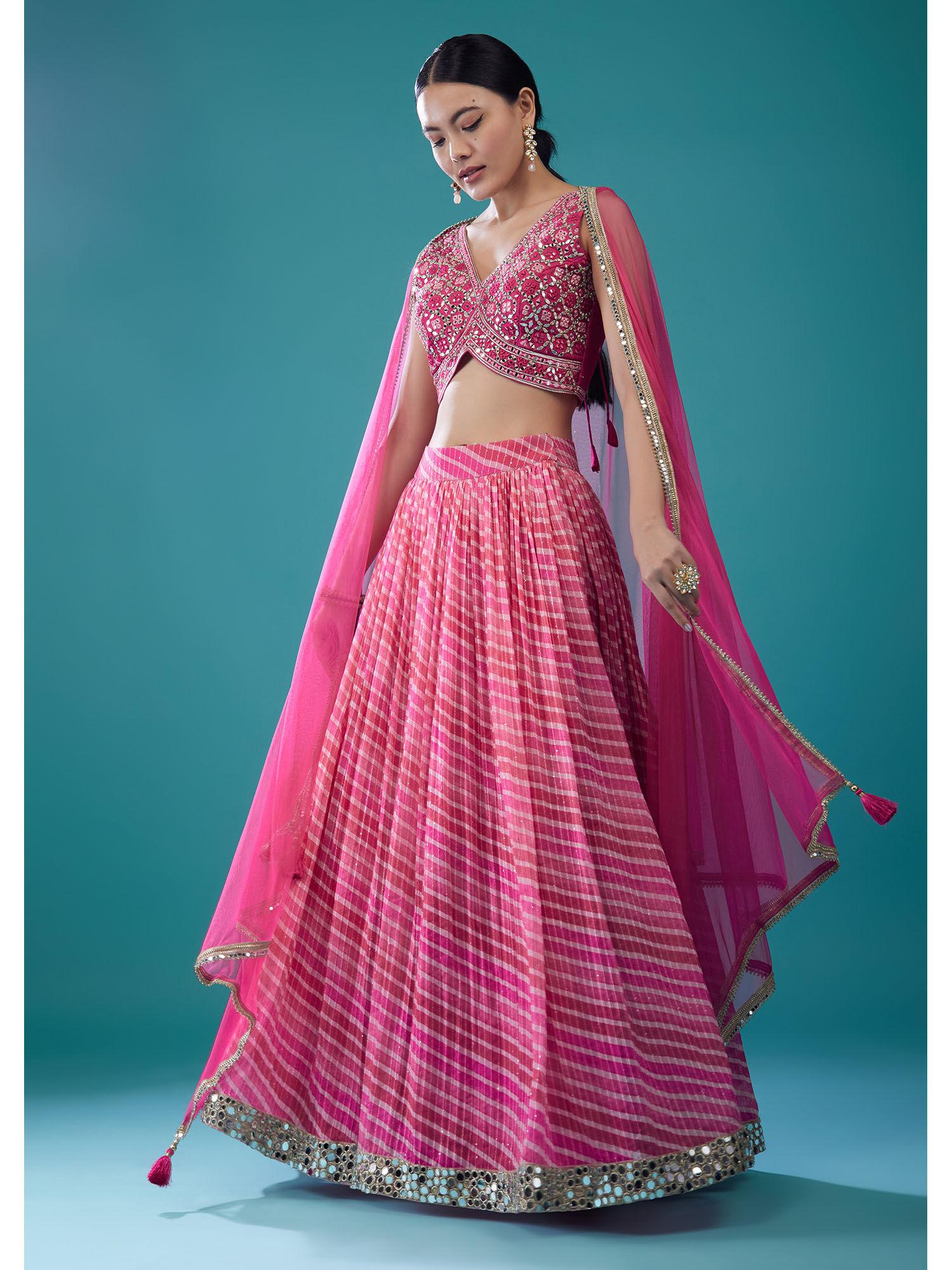 hot pink embroidered leheriya lehenga with blouse and dupatta (set of 3)
