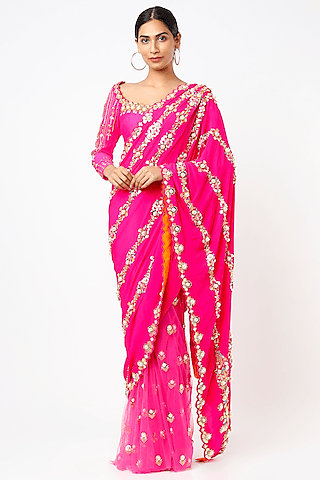 hot pink embroidered pre-stitched saree set