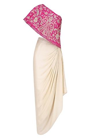 hot pink floral embroidered one shoulder top with cream drape skirt