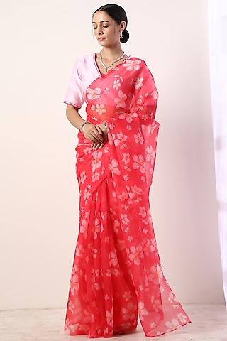 hot pink floral printed saree set