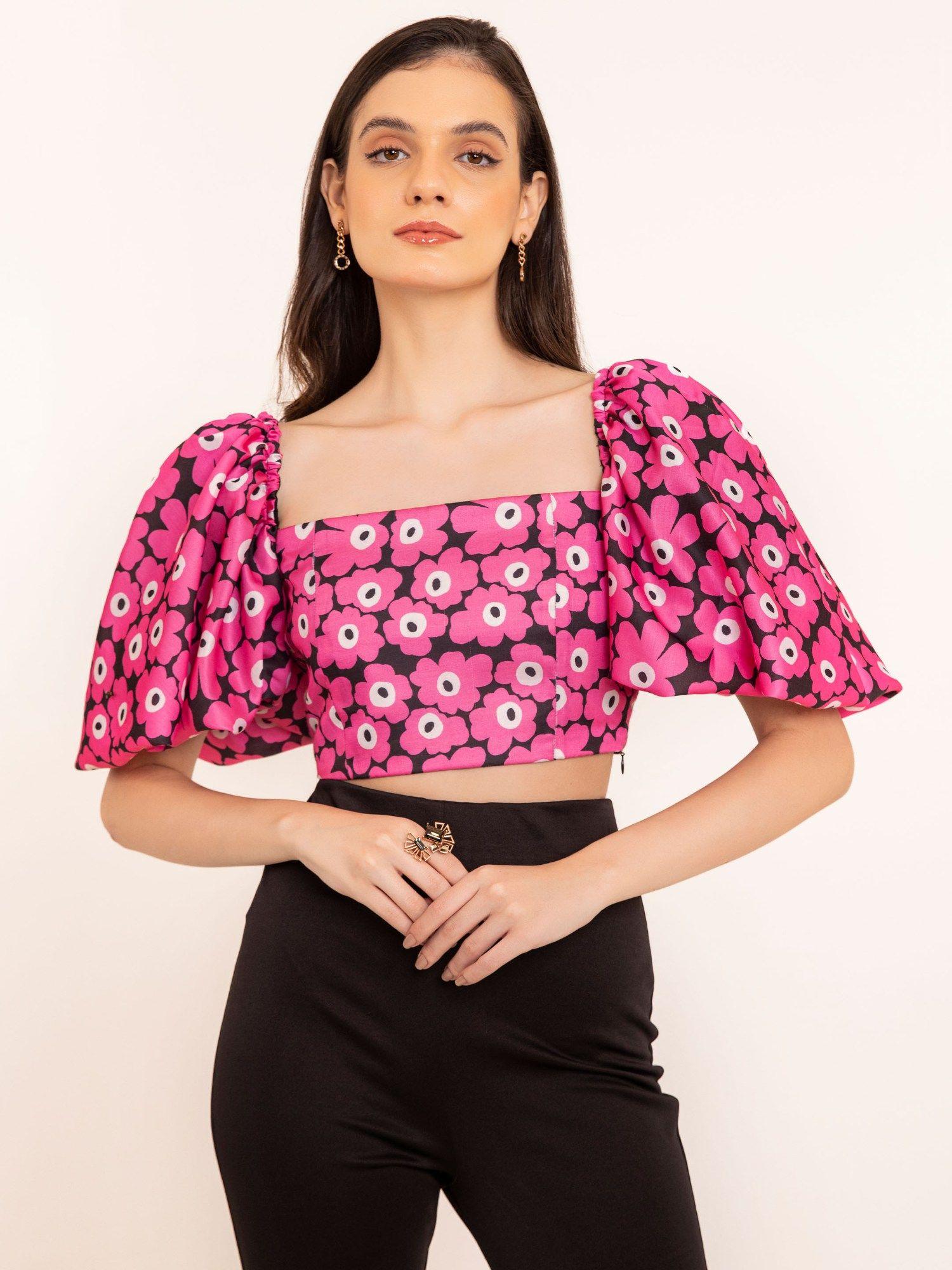 hot pink floral volume short sleeves crop top