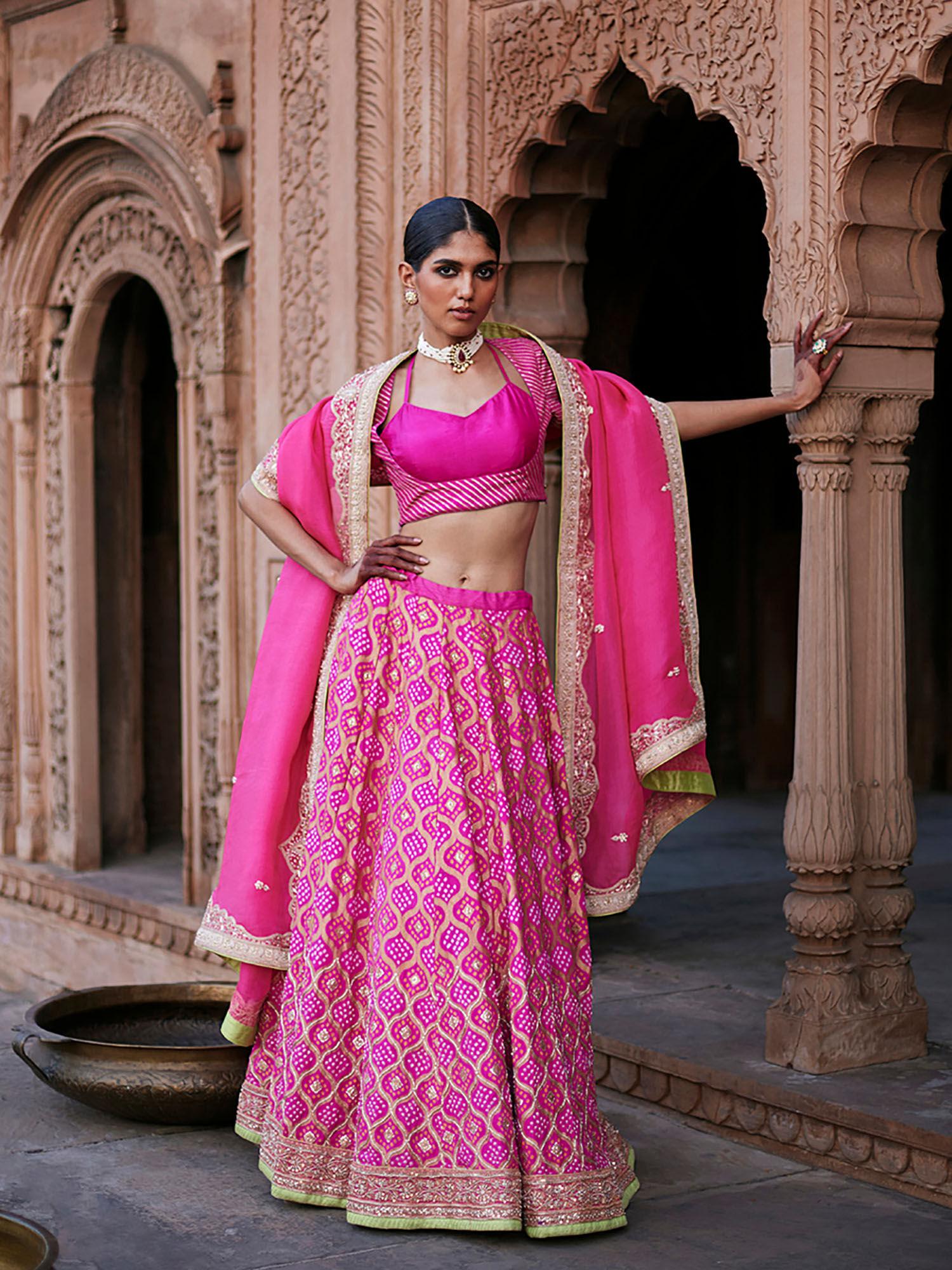 hot pink georgette banarasi bandhej lehenga with choli and dupatta (set of 3)