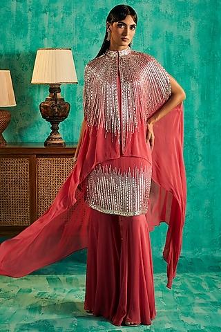 hot pink georgette crystal embellished cape set