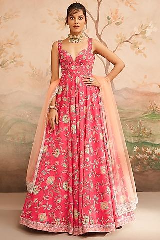 hot pink georgette floral printed & zari embroidered anarkali set