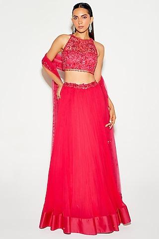 hot pink georgette hand embroidered lehenga set