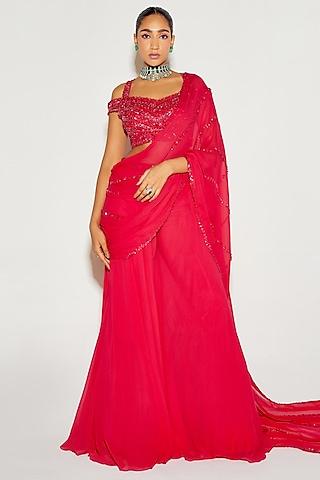 hot pink georgette hand embroidered sharara saree set