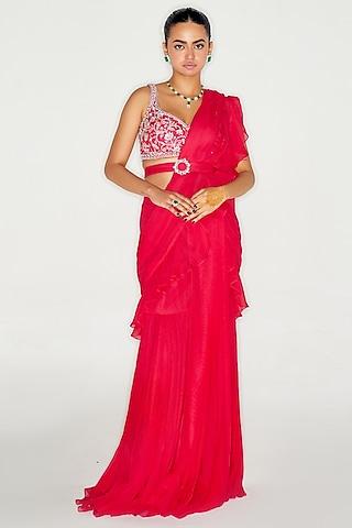 hot pink georgette pre-draped saree set