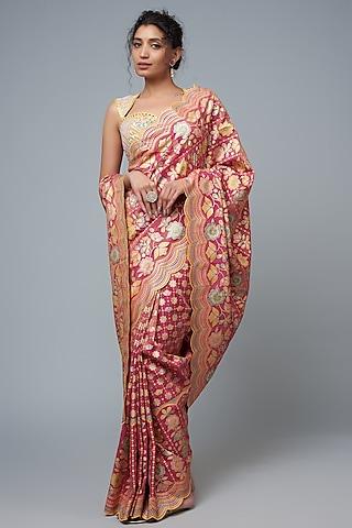 hot pink hand embroidered & floral printed saree set
