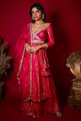 hot pink hand embroidered anarkali set