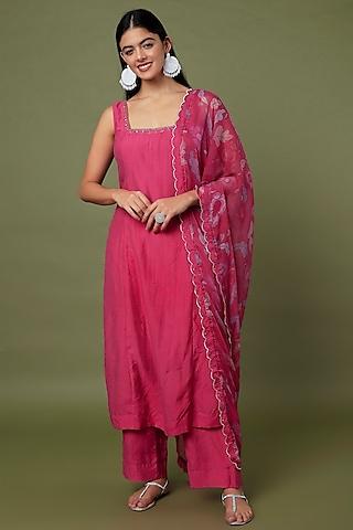 hot pink hand embroidered kurta set