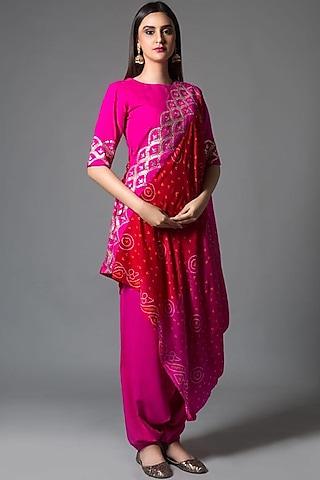 hot pink hand embroidered short kurta set