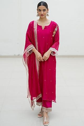 hot pink handwoven chanderi resham embroidered kurta set
