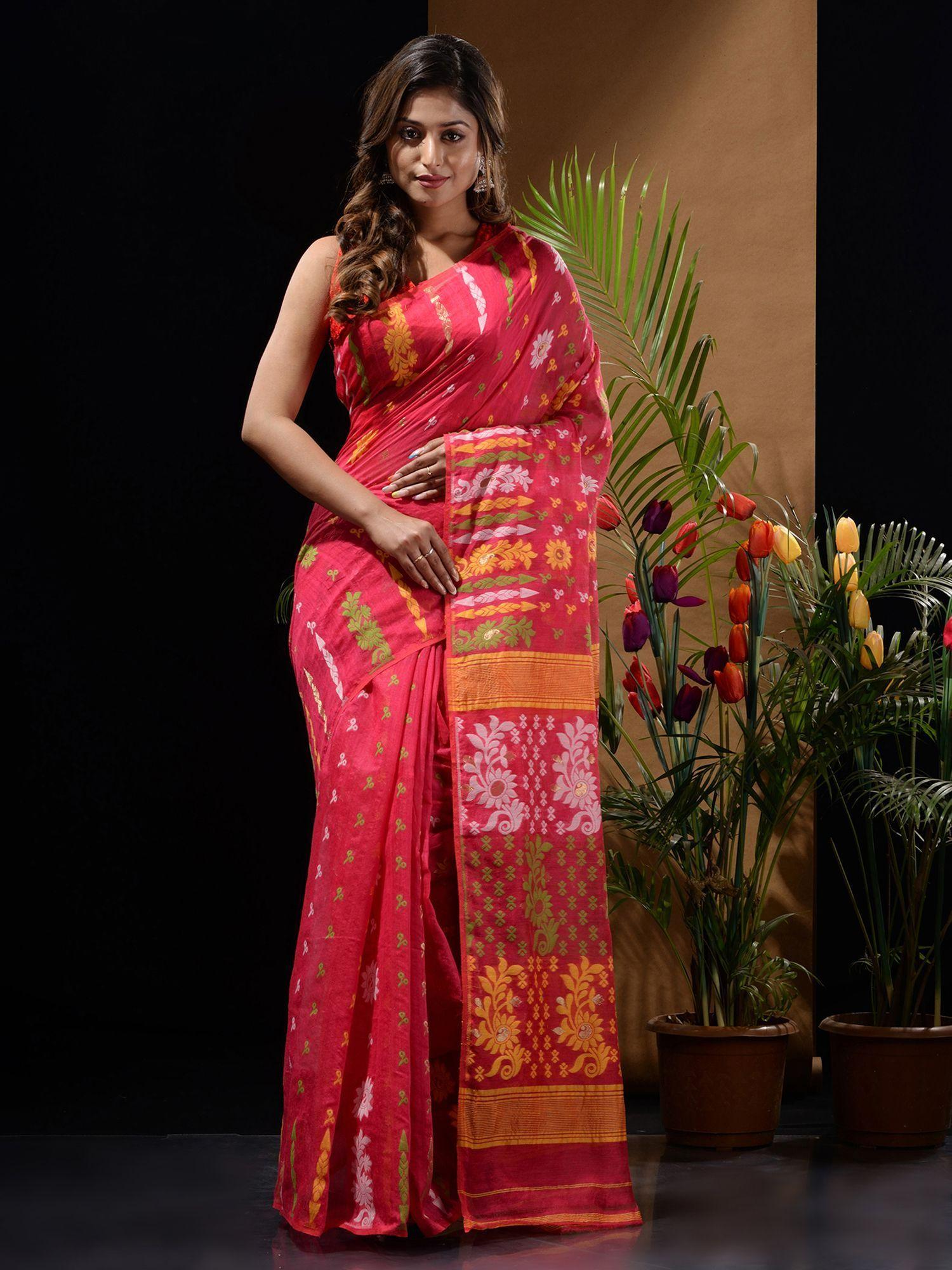 hot pink handwoven saree with multicolour floral designs & motifs