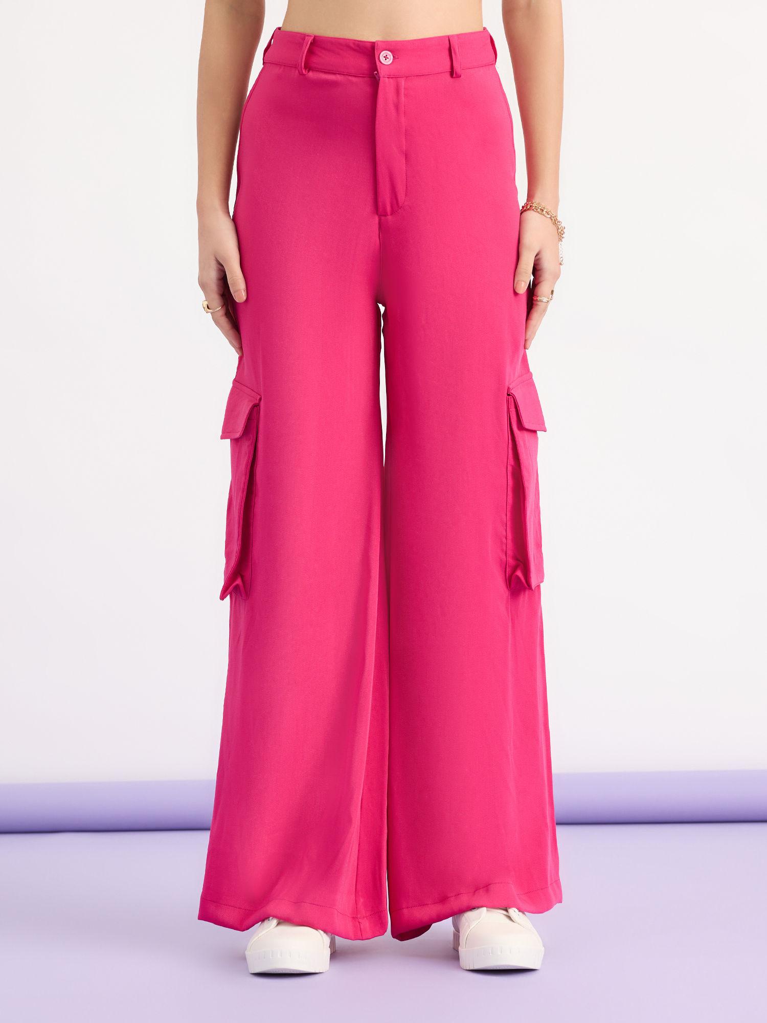 hot pink high waist flap pockets flared cargo trousers