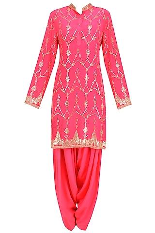 hot pink jaal embroidered short kurta and patialla set