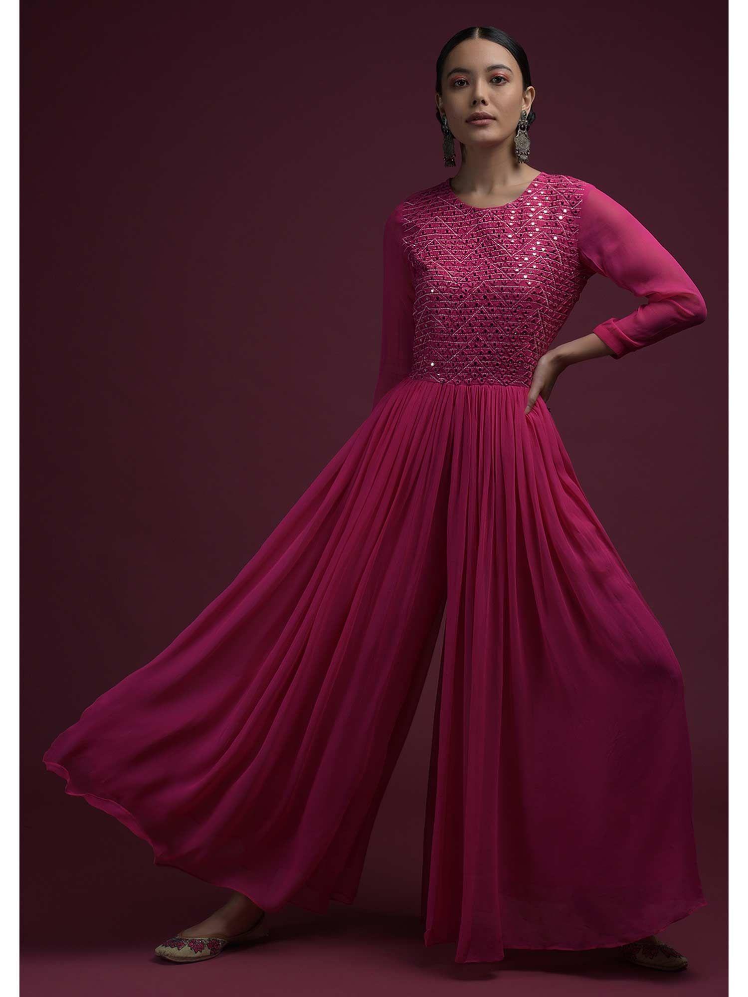 hot pink jumpsuit in georgette with heavily embroiderey