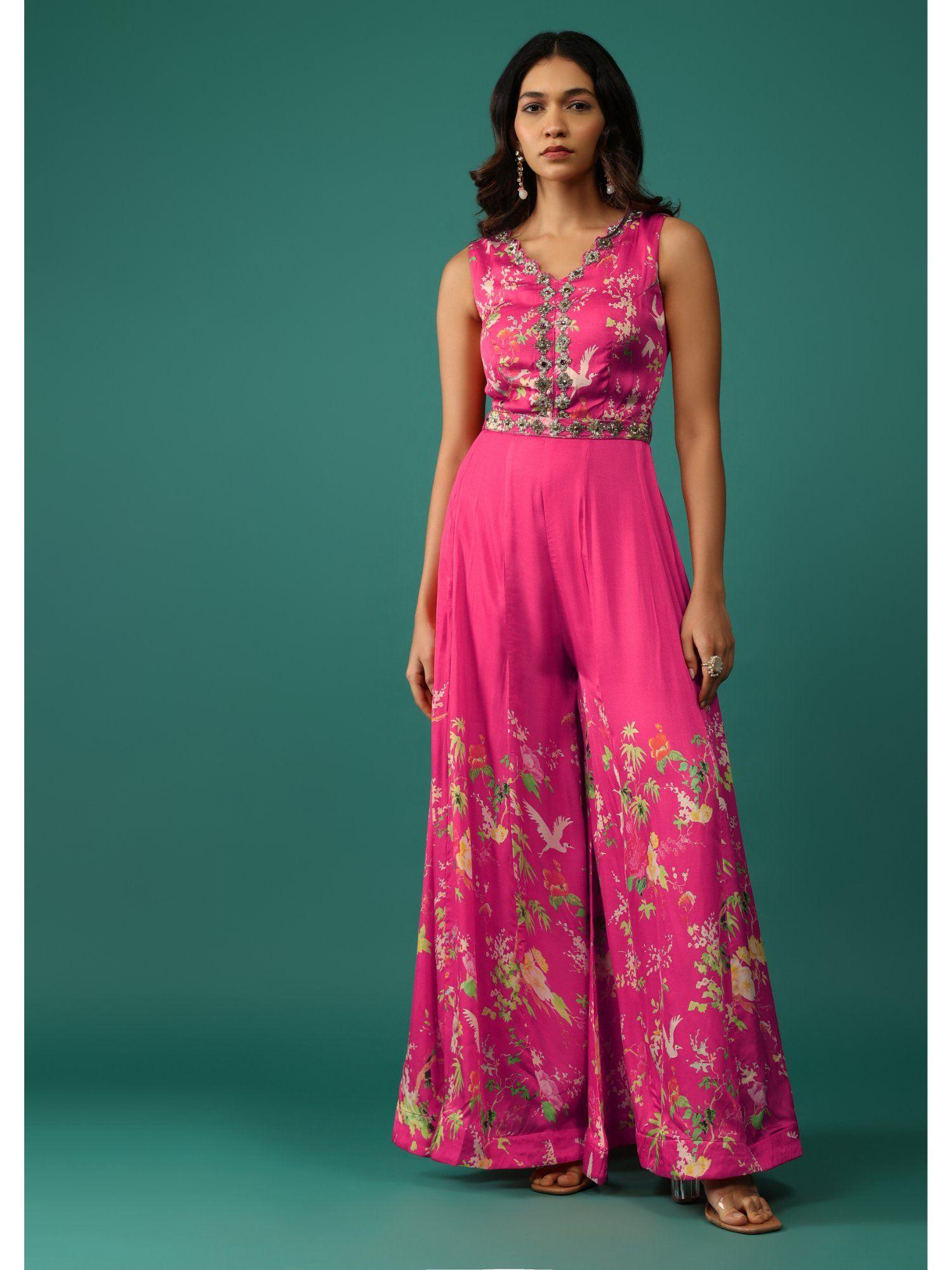 hot pink jumpsuit in mull cotton with embroidered belt (set of 2)