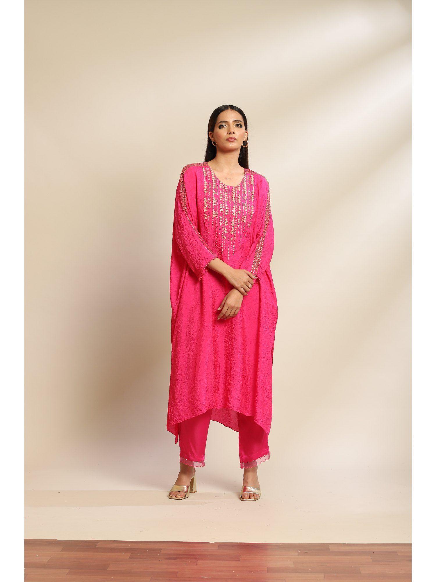 hot pink kurta & pant with embroidery with sequins & beads on yoke (set of 2)