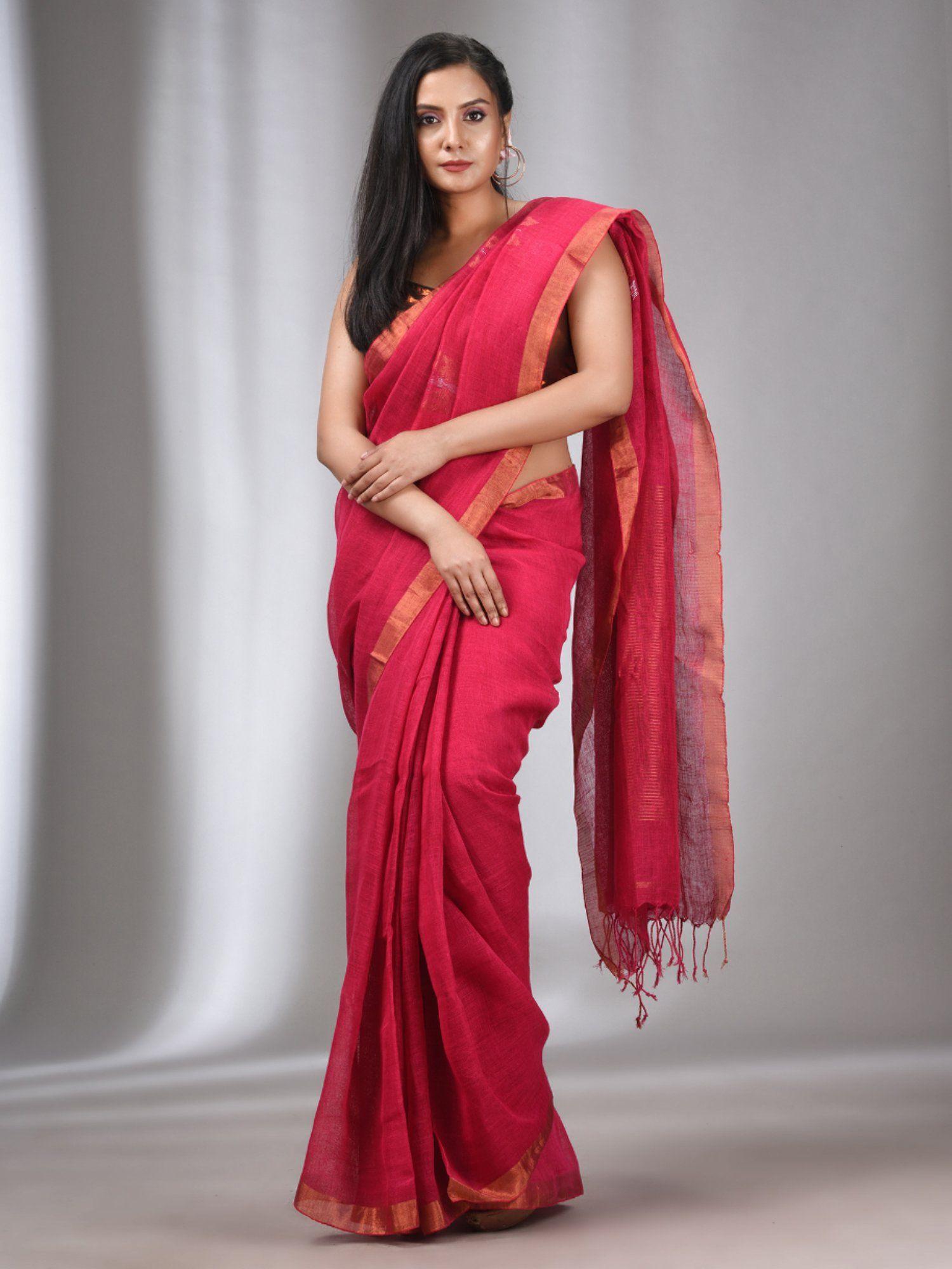 hot pink linen handwoven saree with butterfly motifs with unstitched blouse