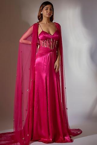 hot pink mashru silk & net embroidered corset gown with cape