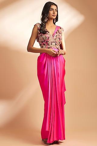hot pink modal satin thread embroidered draped gown saree