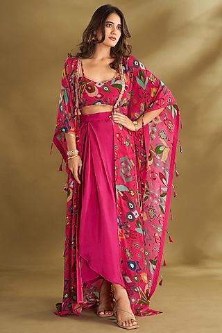 hot pink natural crepe ikat digital printed & embroidered cape set