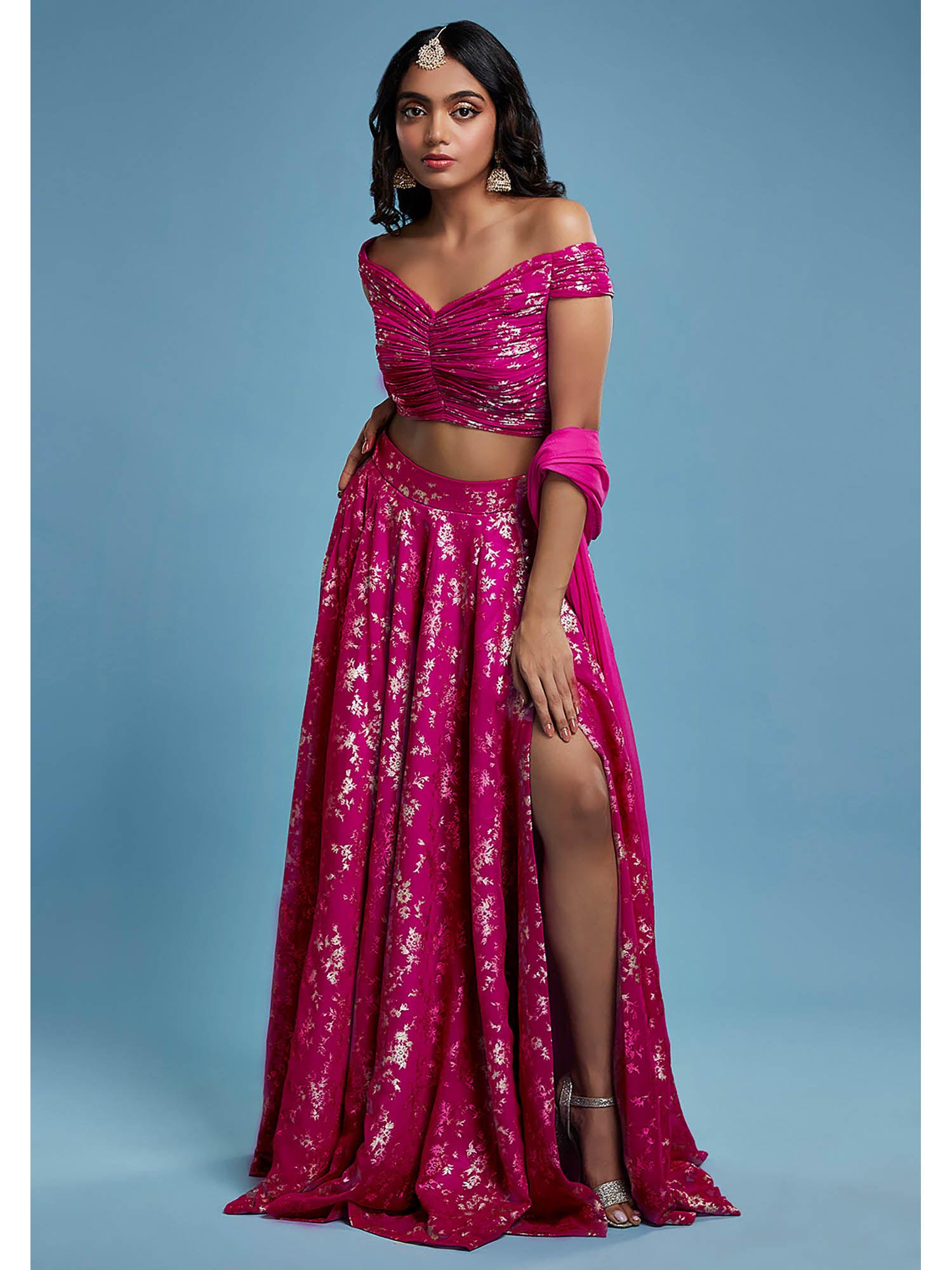 hot pink offshoulder vark lehenga with stitched blouse and dupatta (set of 3)