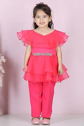 hot pink organza & silk pant set for girls