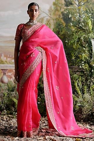 hot pink organza hand embellished saree set