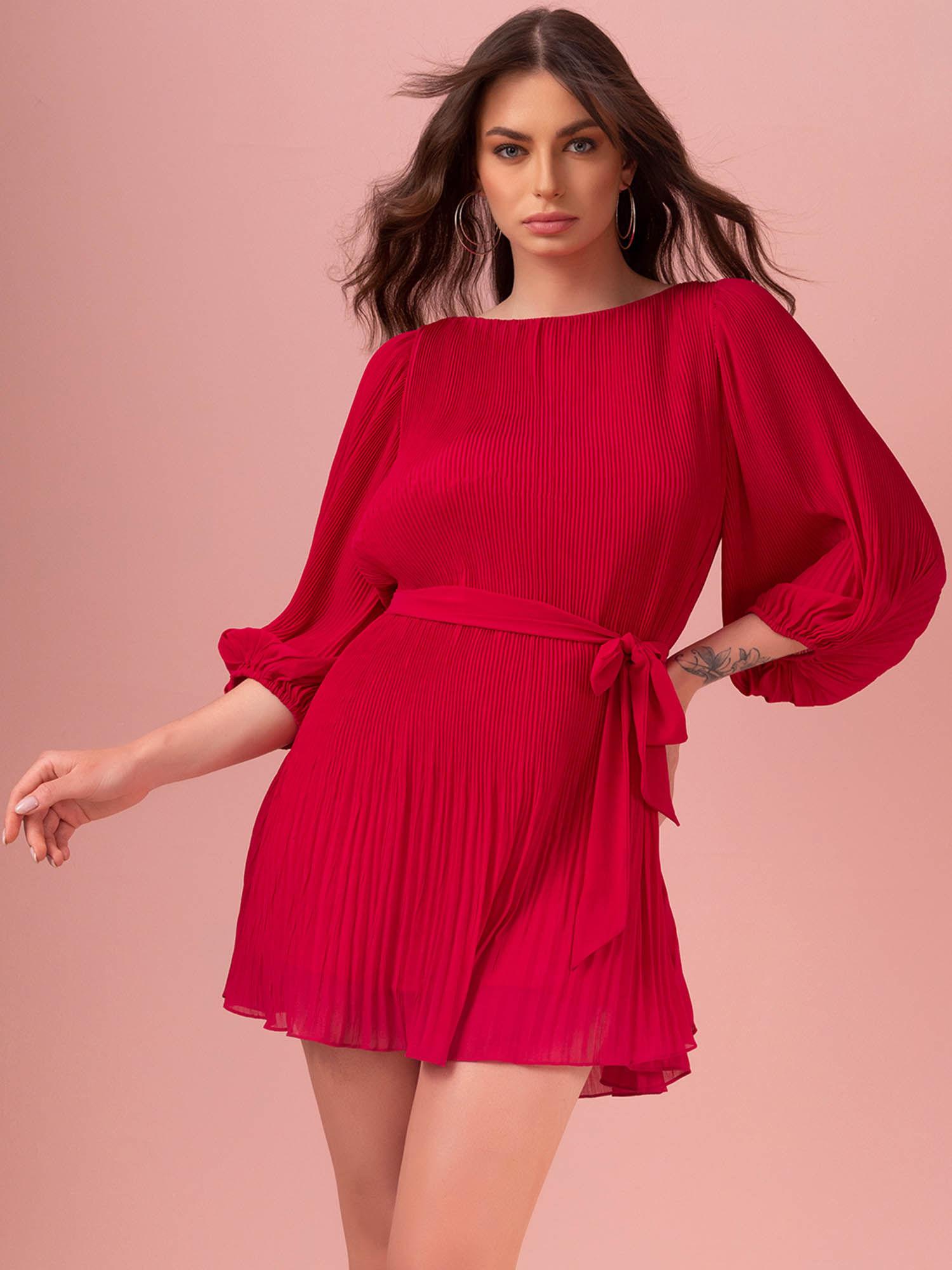 hot pink pleated shift dress with belt (set of 2)