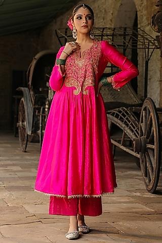 hot pink pure banarasi spun silk resham embroidered kurta set