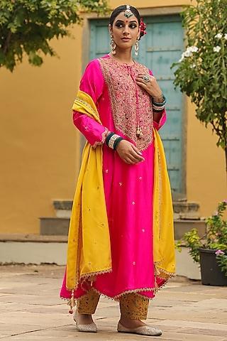 hot pink pure banarasi spun silk resham embroidered kurta set