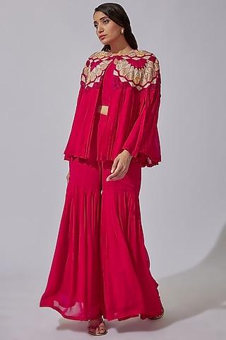 hot pink pure georgette embroidered cape set