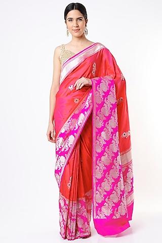 hot pink pure katan silk saree set