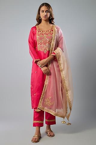 hot pink pure spun silk marodi hand embroidered kurta set