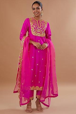 hot pink pure spun silk marori embroidered kurta set