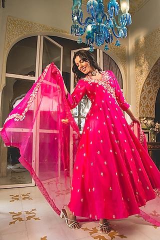 hot pink pure spun silk pearl work angrakha kurta set