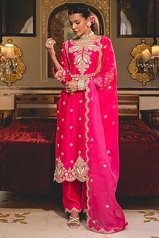 hot pink pure spun silk pearl work kurta set