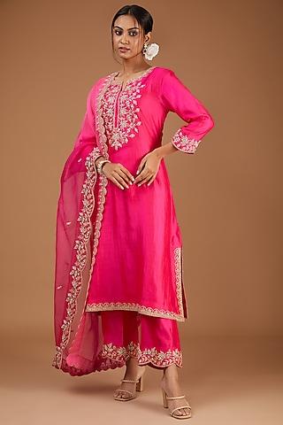hot pink pure spun silk zardosi embroidered kurta set