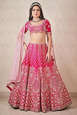 hot pink raw silk hand embellished lehenga set