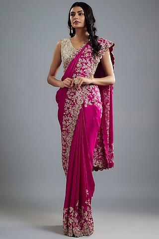 hot pink raw silk hand embroidered saree set