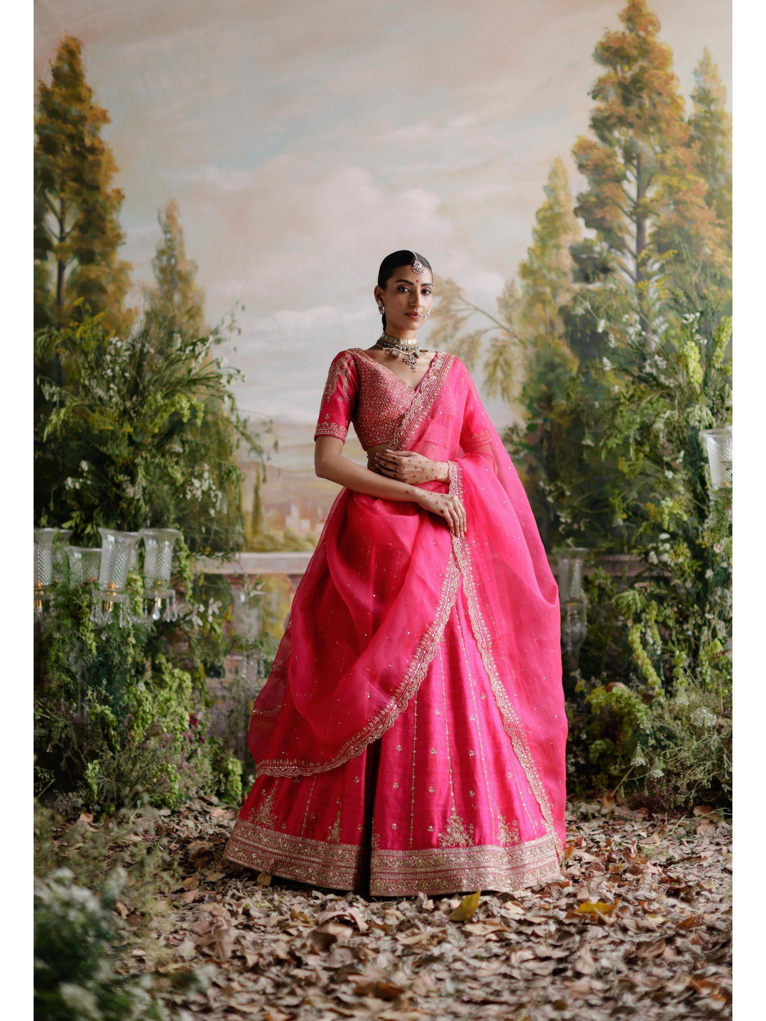 hot pink raw silk lehenga with blouse and dupatta (set of 3)