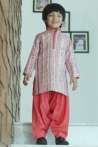 hot pink raw silk patra work kurta set for boys