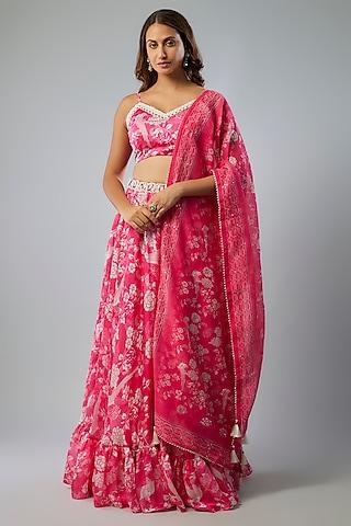 hot pink satin georgette digital printed lehenga set