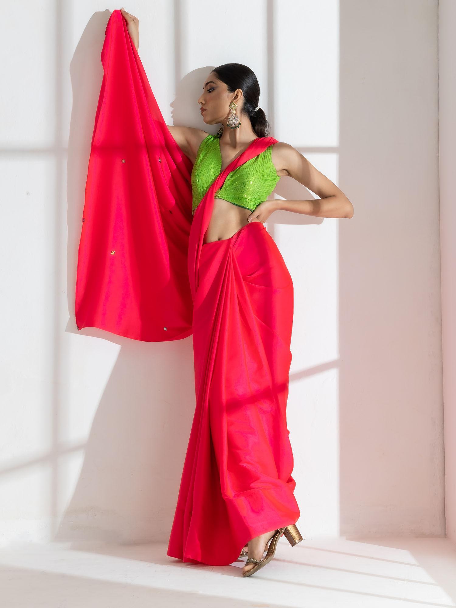 hot pink satin saree with rainbow beads and green sequin and unstitched blouse